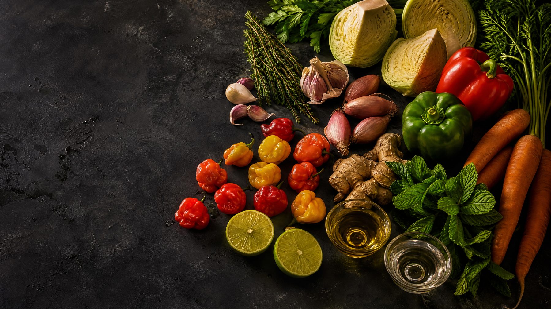 Scotch bonnets, thyme, garlic, and citrus