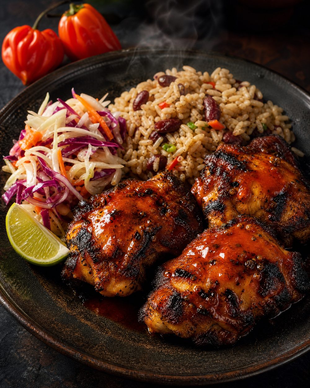 Charred chicken with rice and pikliz